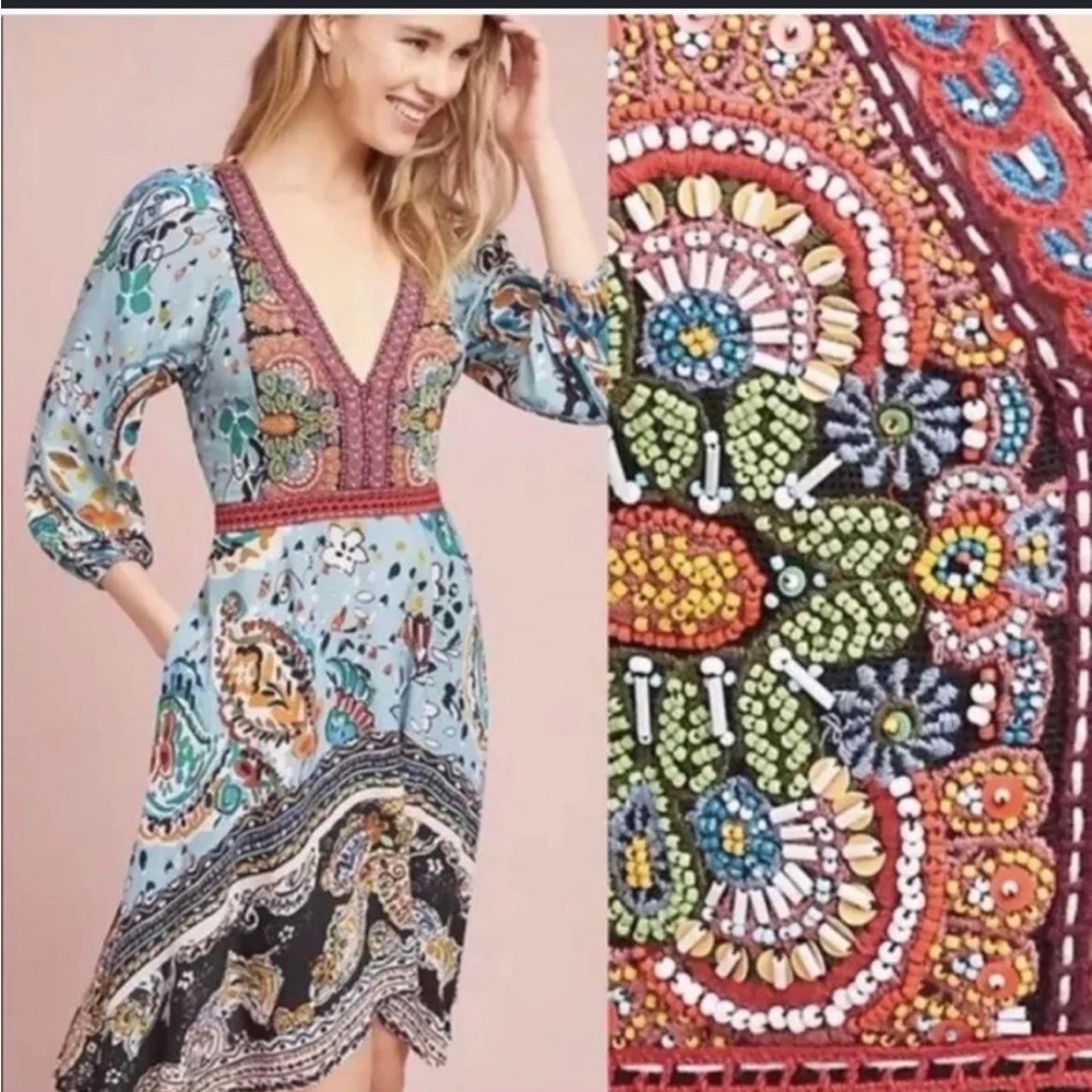 Anthro Akemi + Kin Karmina Beaded Dress Blue Boho Embroidered Size 10
